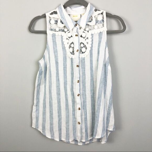 ANTHROPOLOGIE | MAEVE Blue White Striped Crochet Trim Top Women’s Size X-Small - Picture 1 of 6